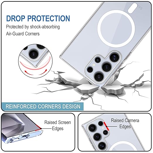 Transparent mobile cover for Samsung S25 Ultra with shock absorbing Air Guard corners and raised edges for drop and camera protection.