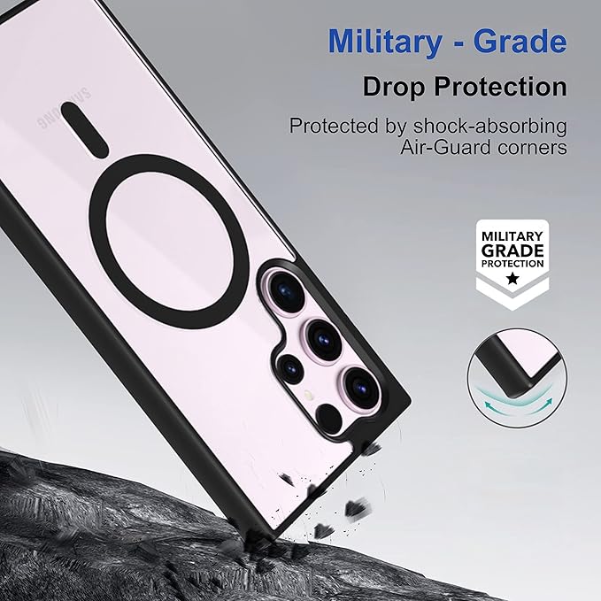Military grade samsung cover with drop protection for S25 Ultra case in black, shown with impact resistance on rough surface