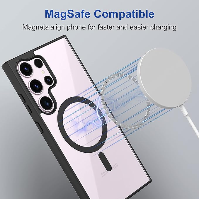 MagSafe compatible clear case for Samsung S25 Ultra with magnetic alignment for seamless wireless charging.