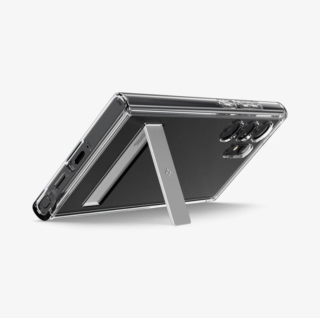Clear hybrid back samsung cover placed horizontally using its integrated stand for stable video watching for S25 Ultra