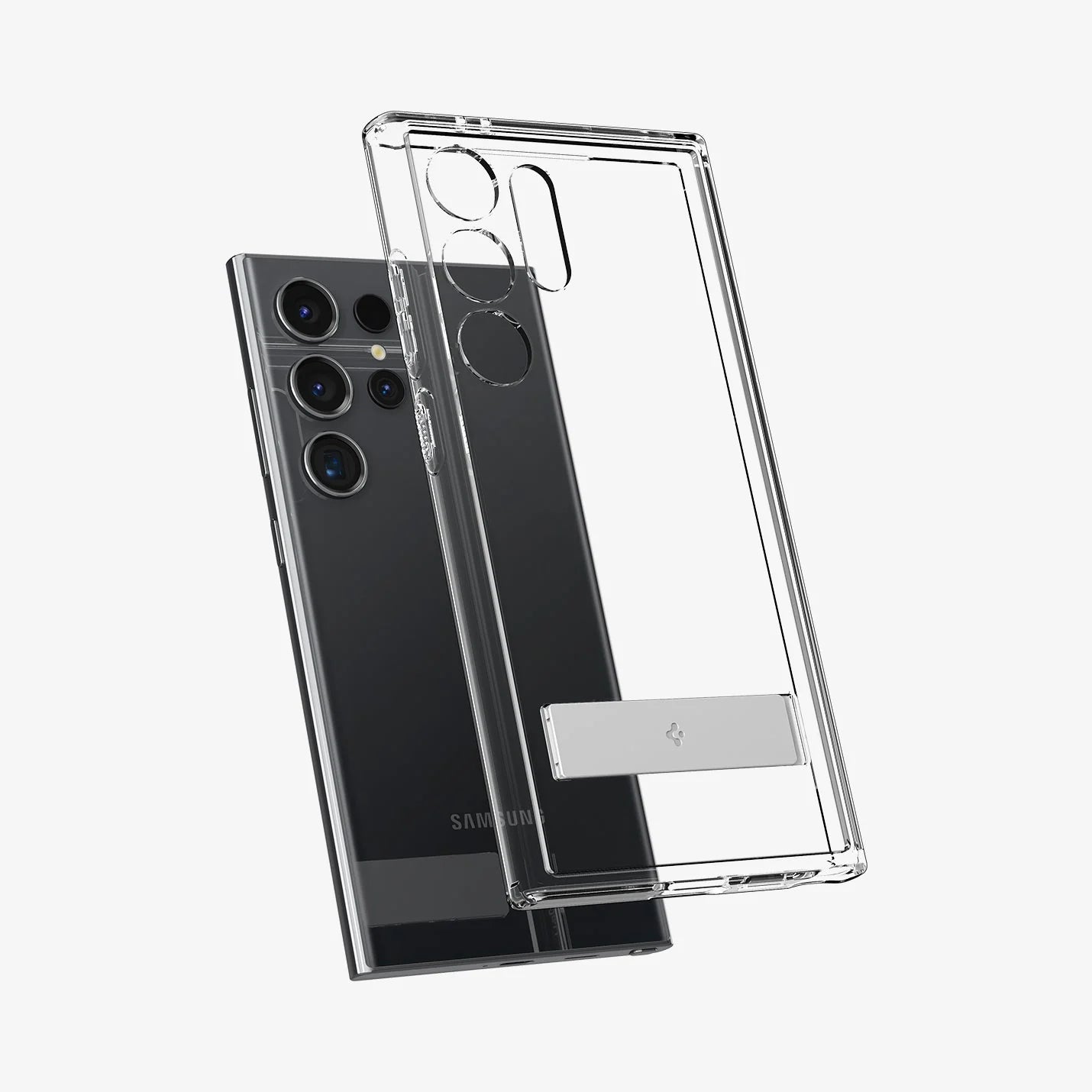Transparent Samsung cover with visible aluminum kickstand, separated from the device to show full structure for S25 Ultra