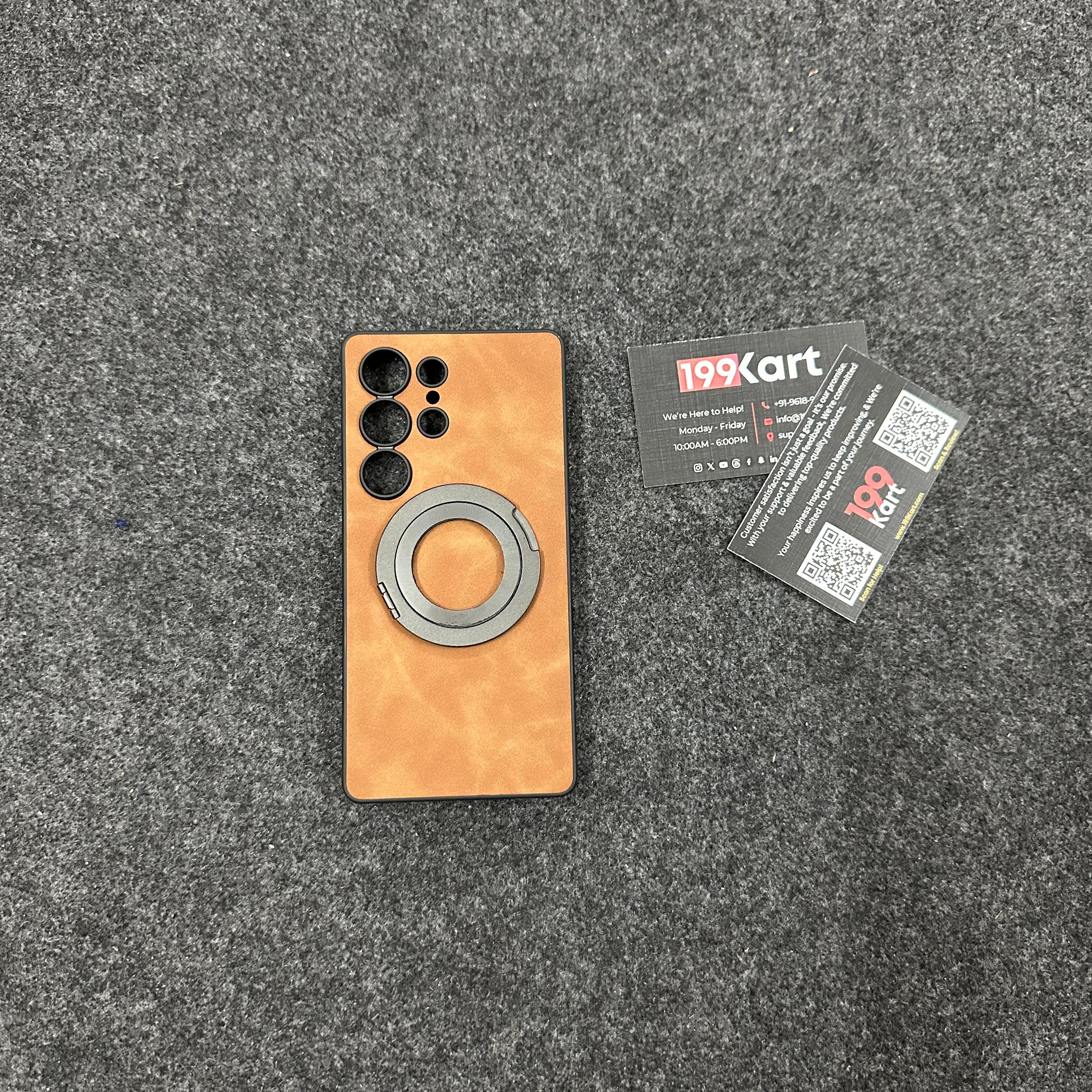 Stylish brown mobile covers with a rich leather texture and functional ring support for added utility for s25 ultra