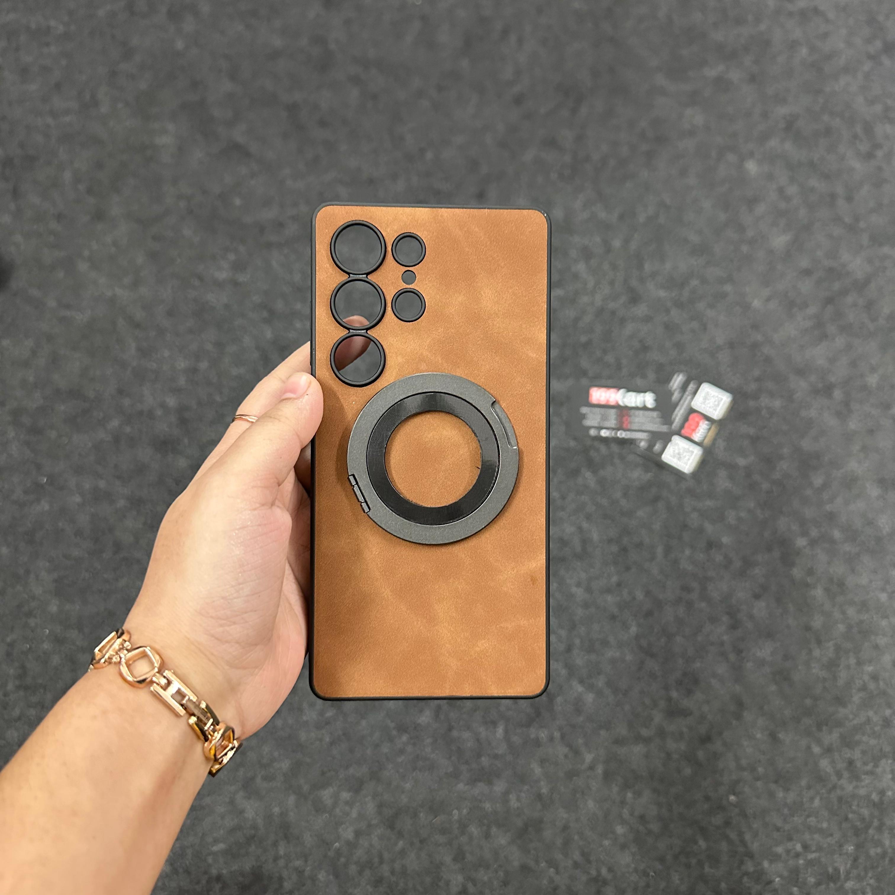 Premium tan leather style Samsung cover featuring a strong ring stand for hands free use for s25 ultra