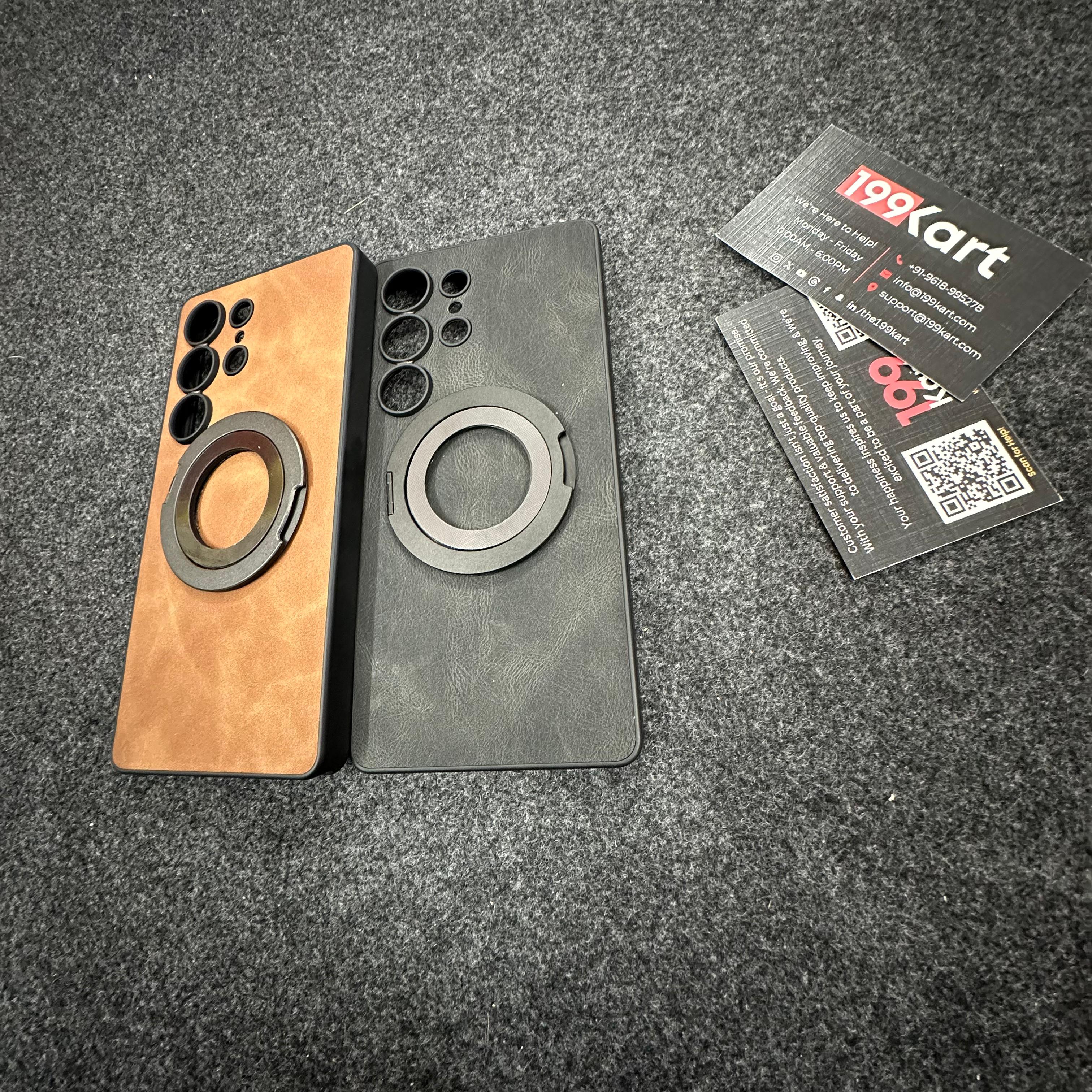 Flat lay display of two Samsung covers with magnetic ring kickstands and luxurious leather textures for samsung s25 ultra covers