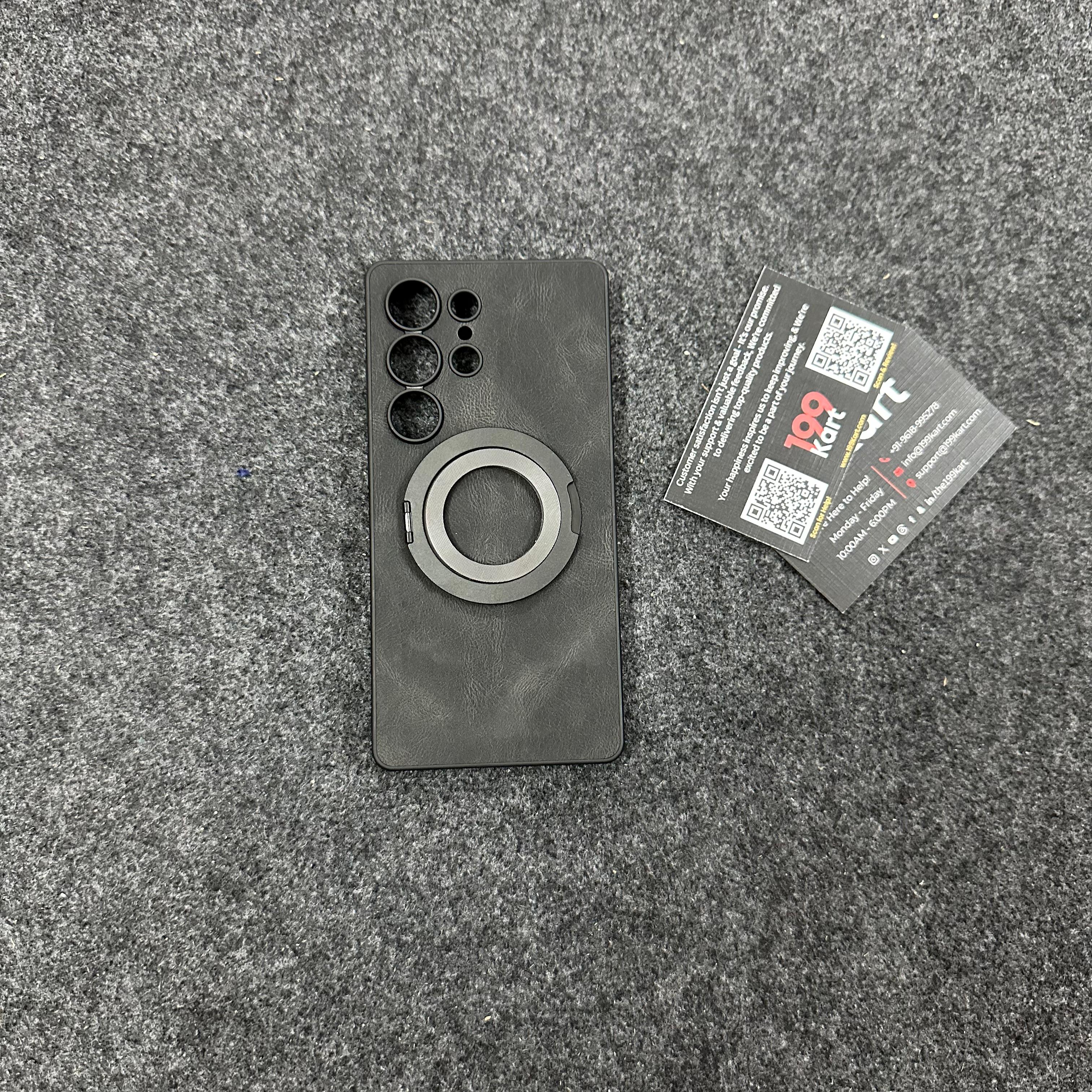 Matte black mobile covers with leather finish and built in rotating ring stand for grip and style for S25 Ultra