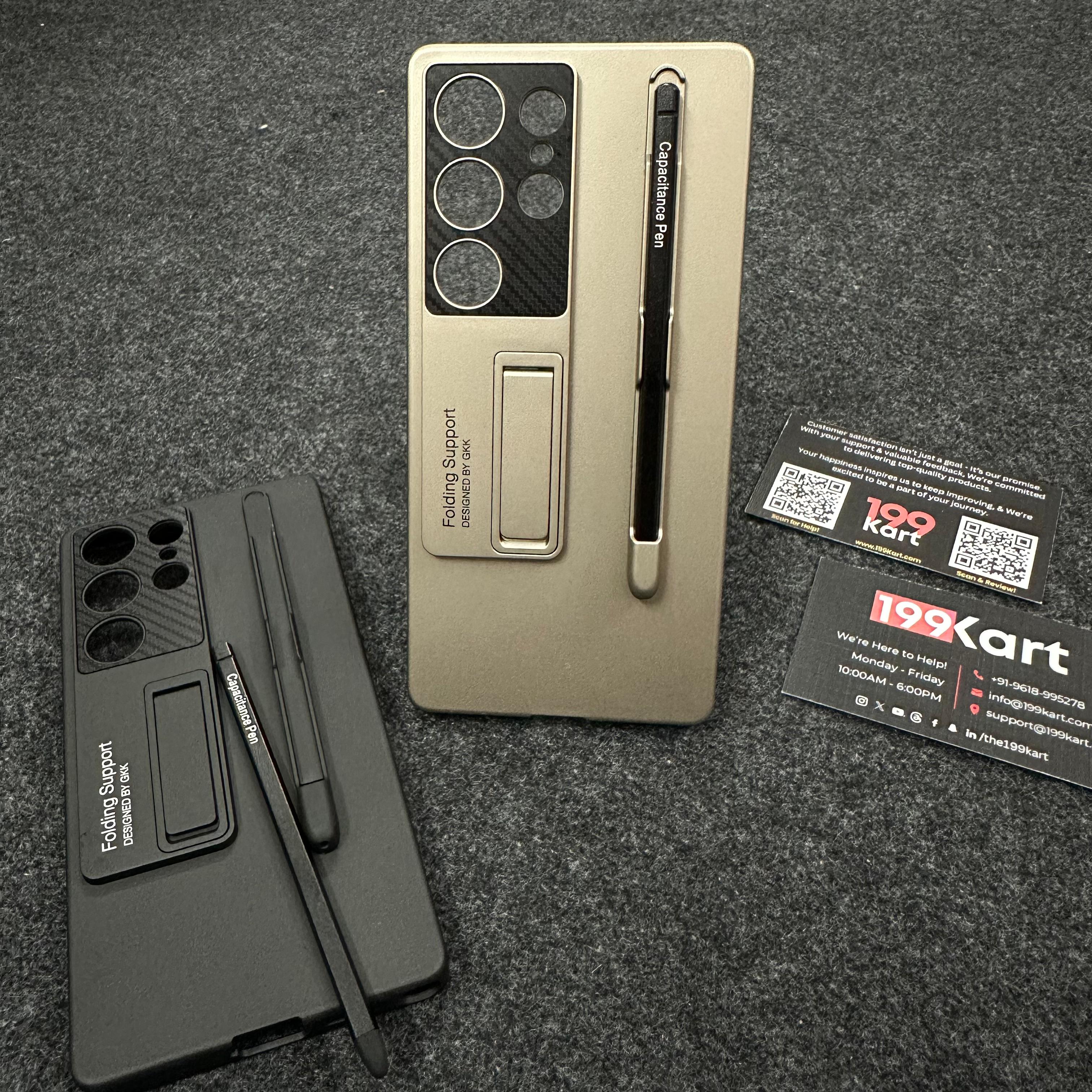 Detailed view of dual tone Samsung covers highlighting the integrated kickstand and S Pen feature for professional use for S25 ultra