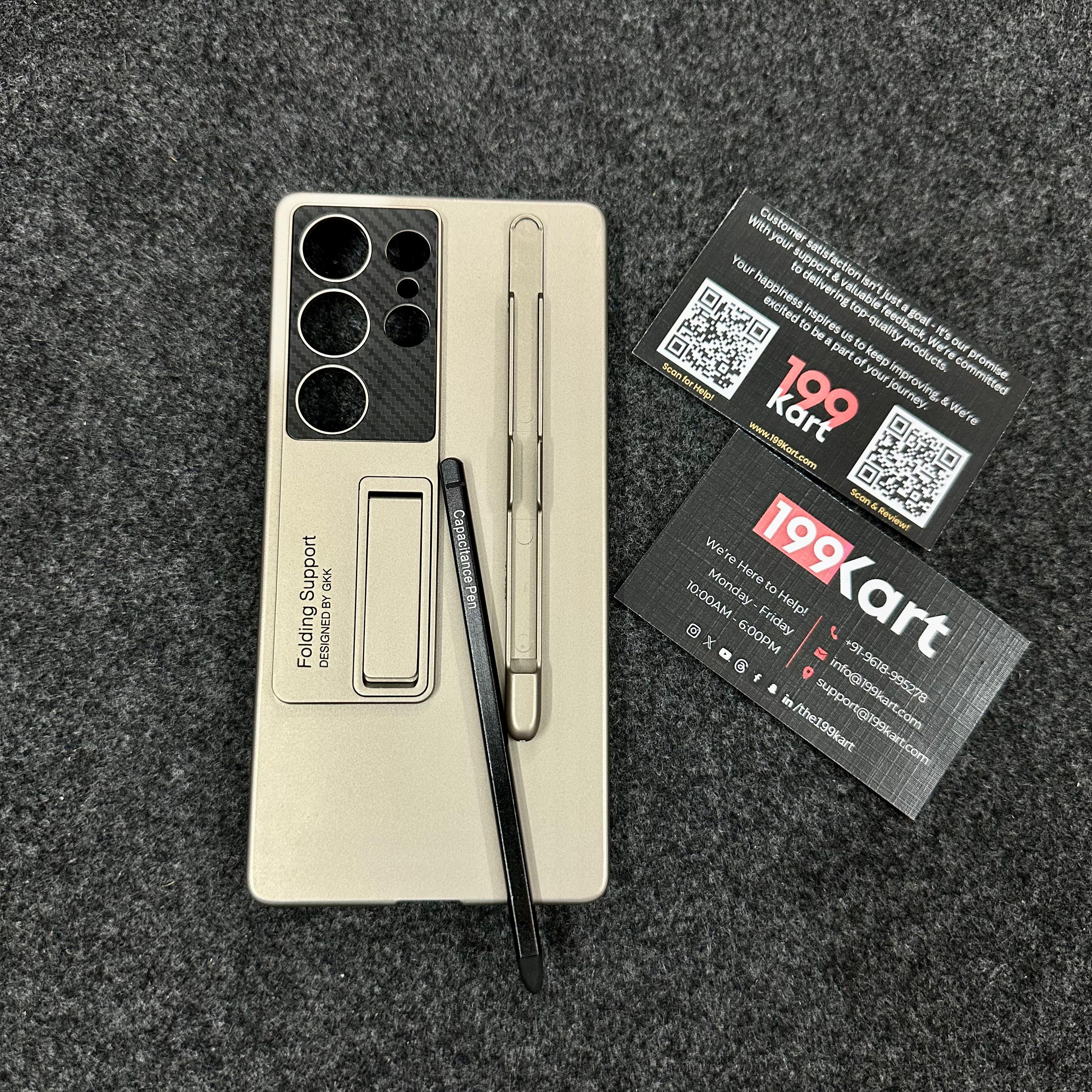 Soft tan finish mobile covers designed for Galaxy S25 Ultra with folding kickstand and easy access S Pen holder.