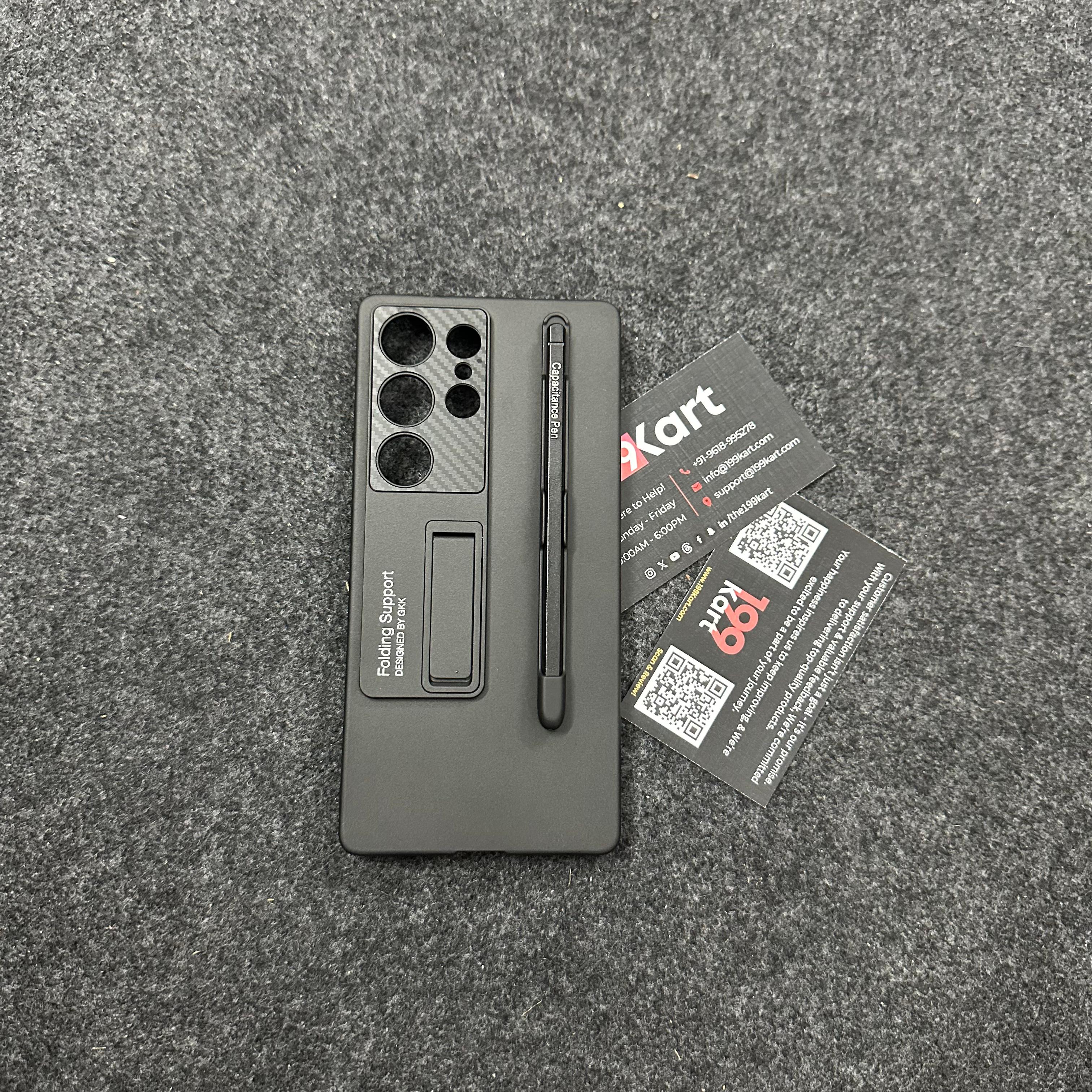 A sleek black Samsung cover featuring a built in foldable kickstand for S25 ultra with a matching S Pen slot for added convenience