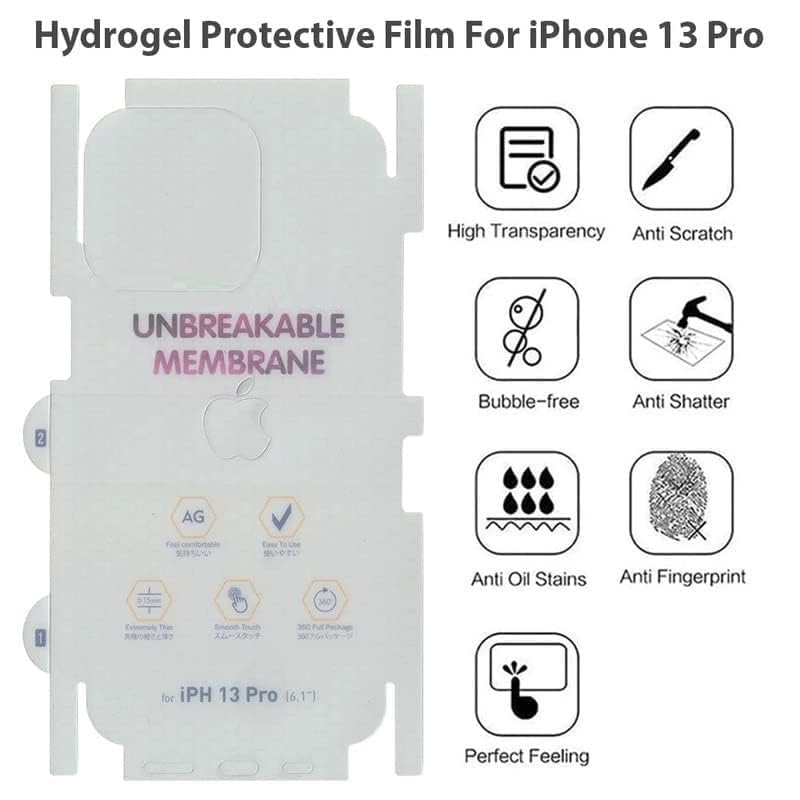 Hydrogel based back membrane film for iPhone 13 Pro with anti scratch, anti oil, and fingerprint resistant features.
