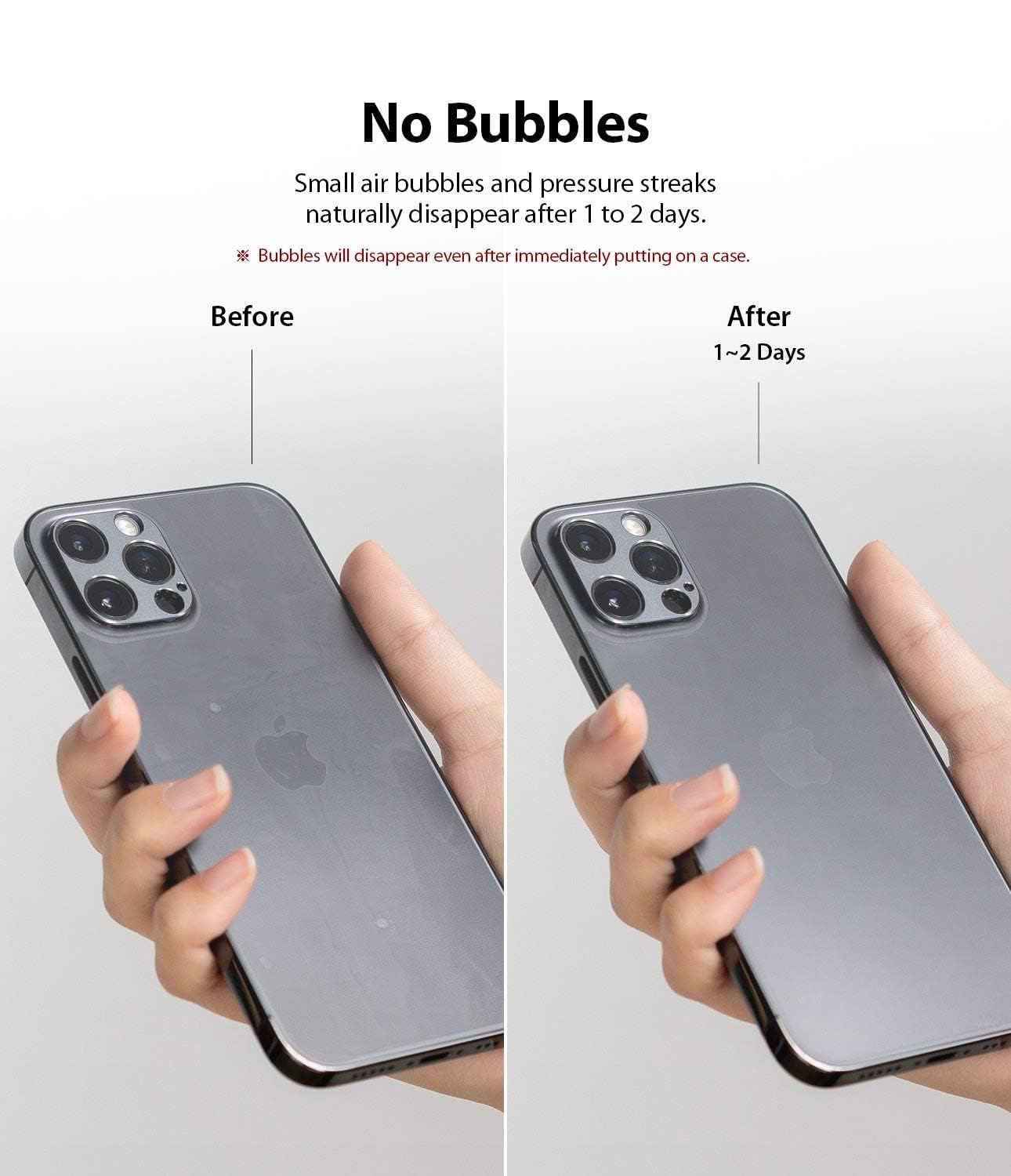 iPhone with before and after comparison showing bubble free screen after 1 2 days of applying back membrane