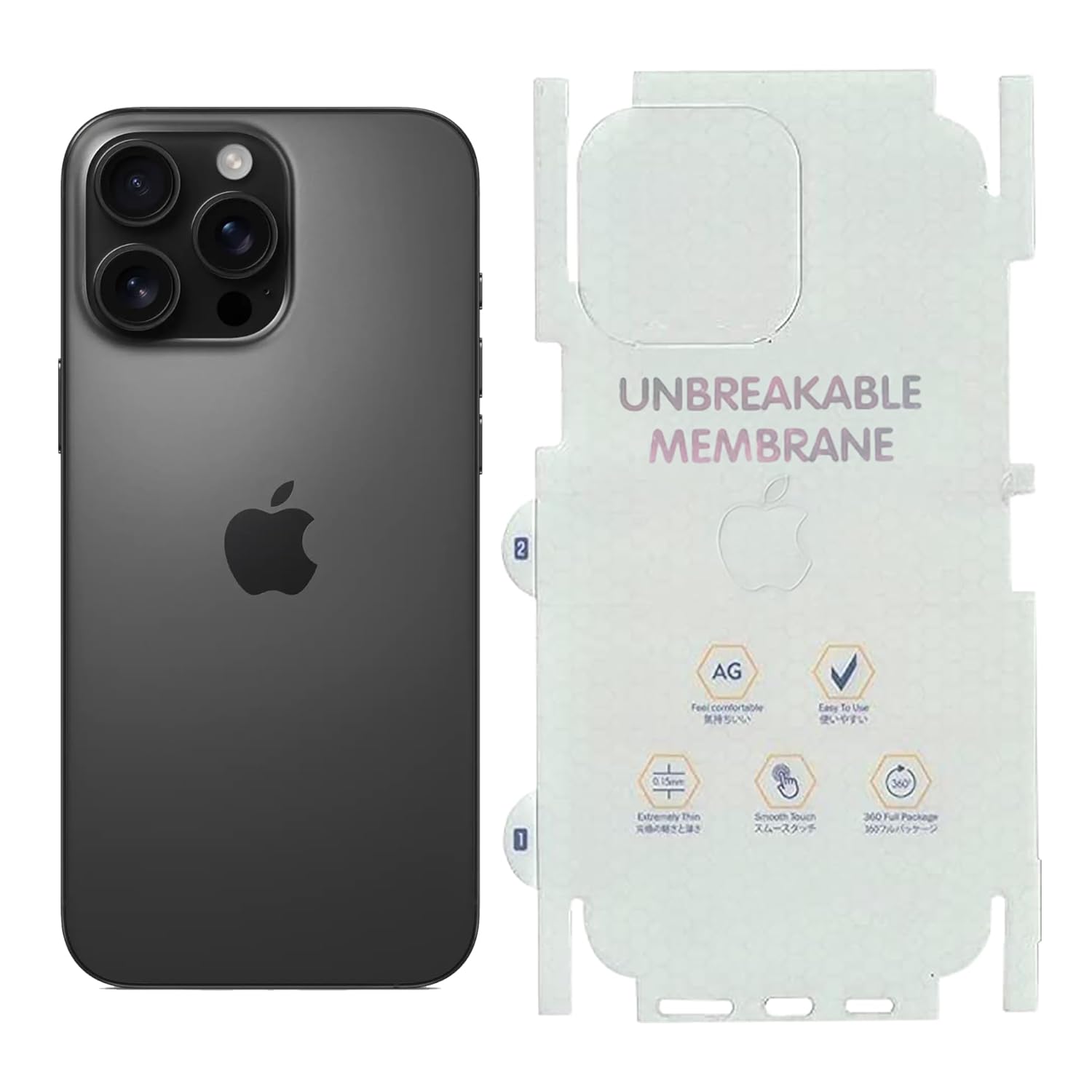 Rear view of iPhone with back membrane TPU film aligned beside it for fit illustration.