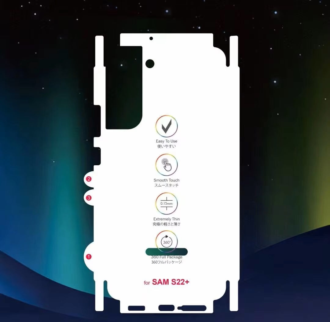 Ultra thin Samsung S22 plus tempered glass film with 0.15mm thickness, 360° full coverage, and smooth touch finish for easy usage