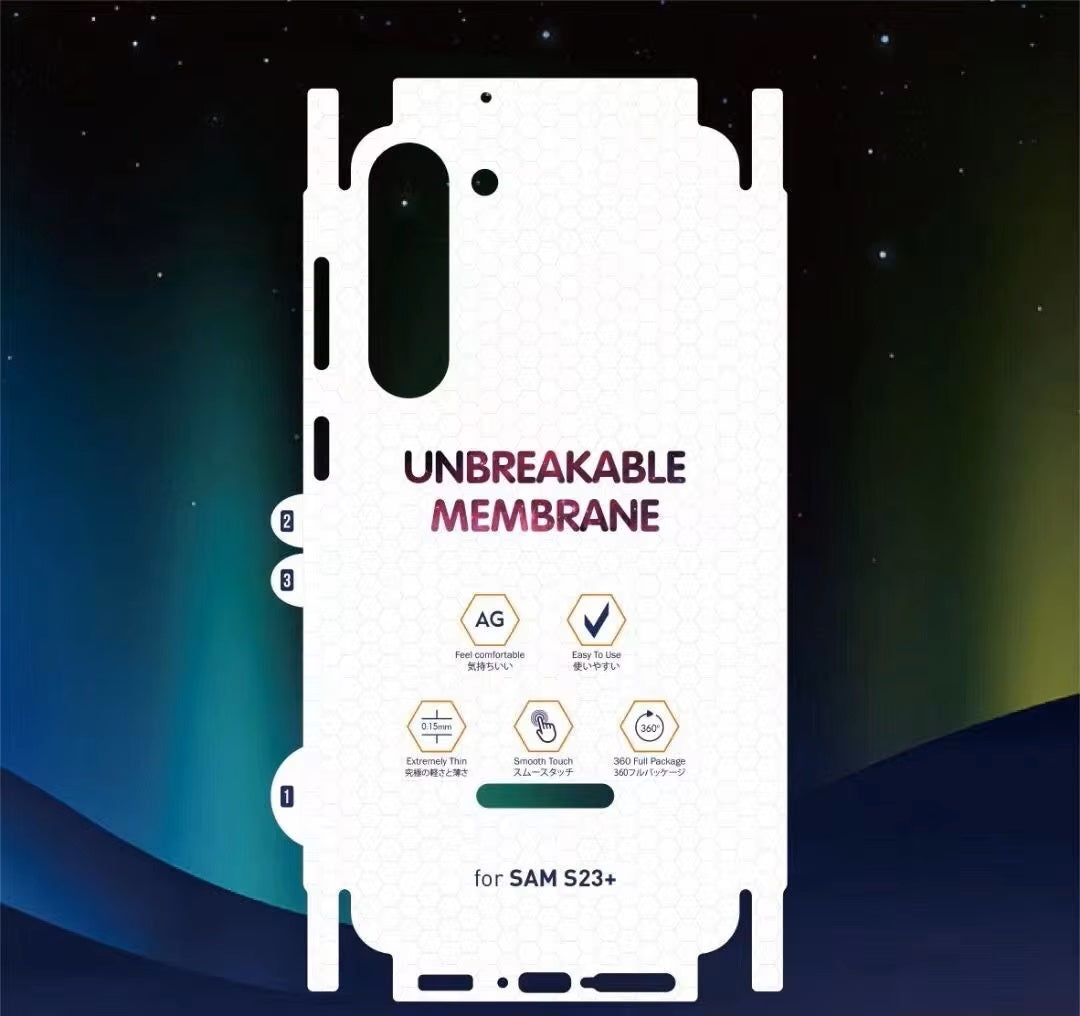 Shockproof unbreakable back membrane screen protector for Samsung S23 plus featuring anti scratch, fingerprint-resistant, and high clarity design