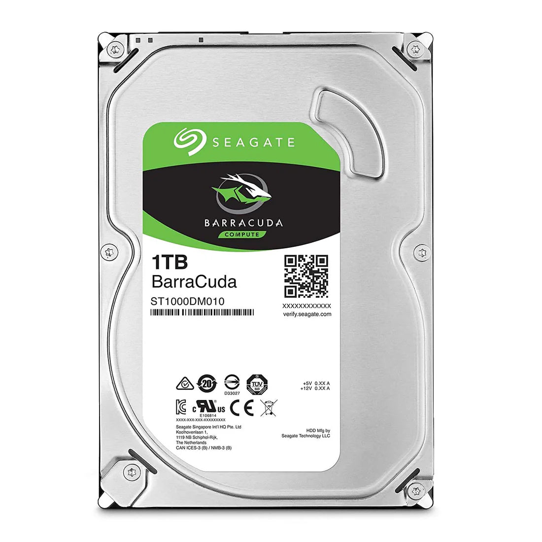 Seagate Barracuda 1TB internal hard drive with silver casing and green black label, ideal for desktop storage upgrades