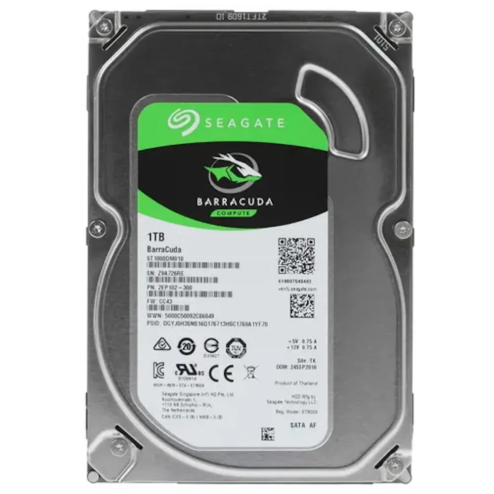 Rear view of Seagate 1TB Barracuda internal HDD showing detailed specs and model information on the label