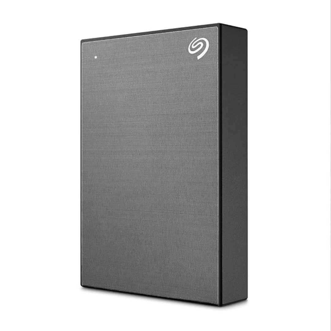 Black Seagate One Touch external hard drive with textured finish, offering sleek and compact portable storage.
