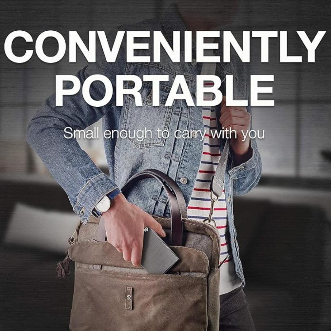 Portable Seagate external HDD being slipped into a travel bag, ideal for on the go data backup