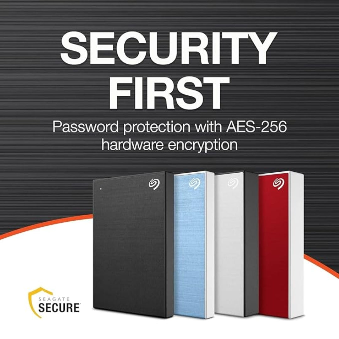 Seagate One Touch hard drive lineup in black, blue, white, and red color variants, emphasizing secure storage with hardware encryption