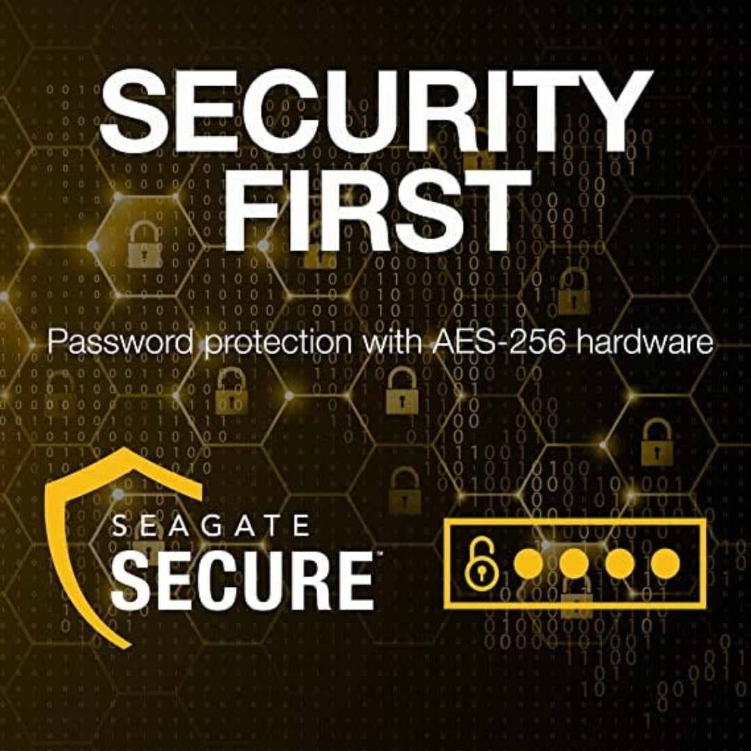 Seagate Secure feature highlighted with AES 256 password protection for enhanced data encryption