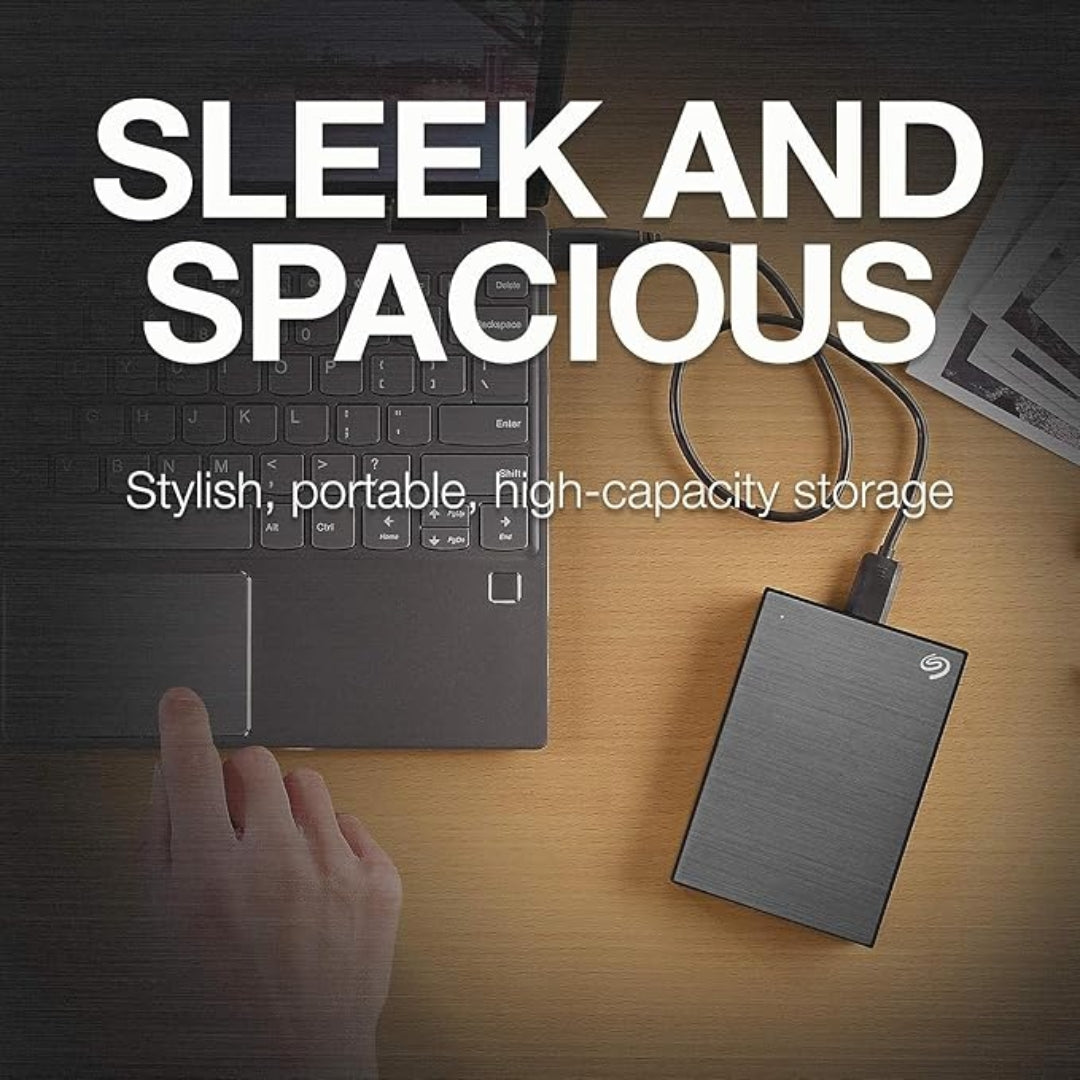 Seagate One Touch hard drive connected to laptop, showcasing its sleek and compact design for high capacity storage