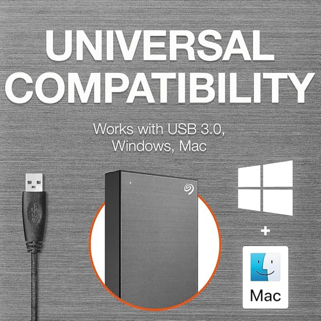 Seagate One Touch hard drive displaying universal compatibility with USB 3.0, Windows, and Mac support
