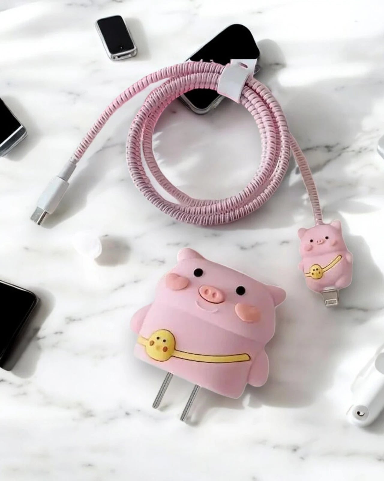 Cute Pink pig Charger set with a Coiled Cable and Adorable Pig shaped apple Charger Case