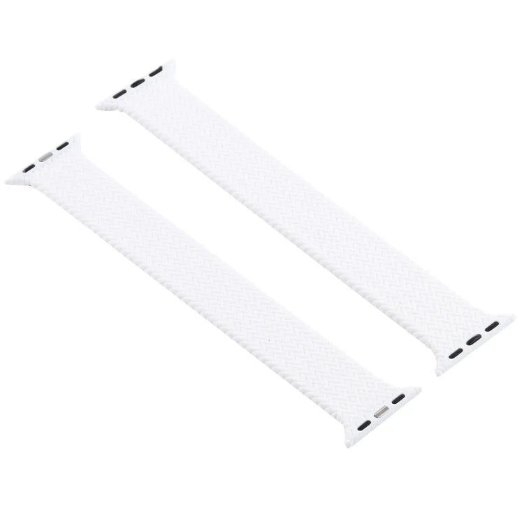 Two piece white woven laid out flat, apple watch straps showing braided design and connectors.