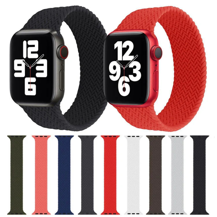 Collection of braided Apple Watch straps in multiple colors, including black, red, navy, white, and grey
