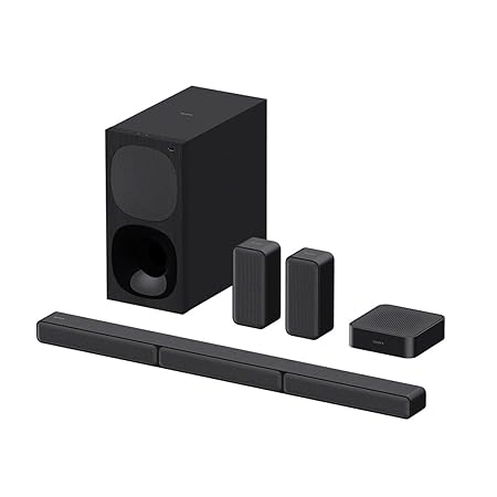 Complete set of Sony HT S40R home theatre system including subwoofer, soundbar, rear speakers, and wireless amplifier in sleek black design.