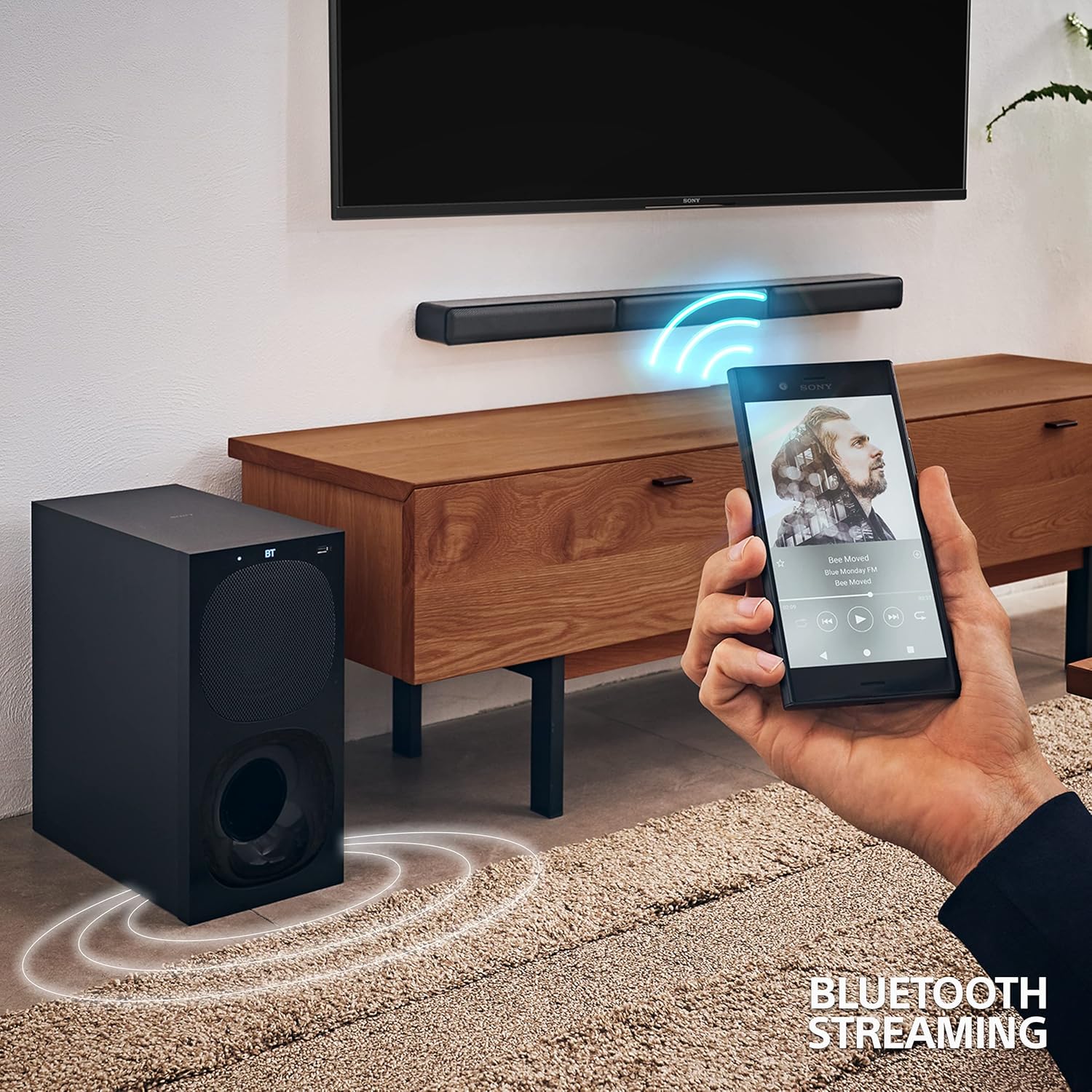 Bluetooth streaming demo from smartphone to Sony HT S40R home theatre system for seamless wireless audio playback.