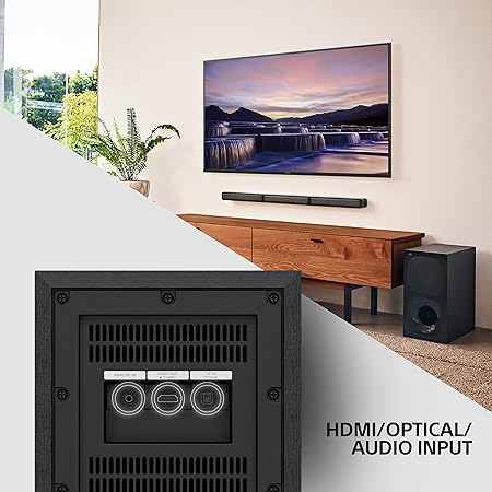 Rear view of the subwoofer showing HDMI, optical, and audio input ports connected to TV in a modern living room setup.