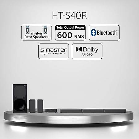 Sony HT S40R sound system highlights with 600W RMS output, Bluetooth, Dolby Audio, wireless rear speakers, and S Master amplifier support.