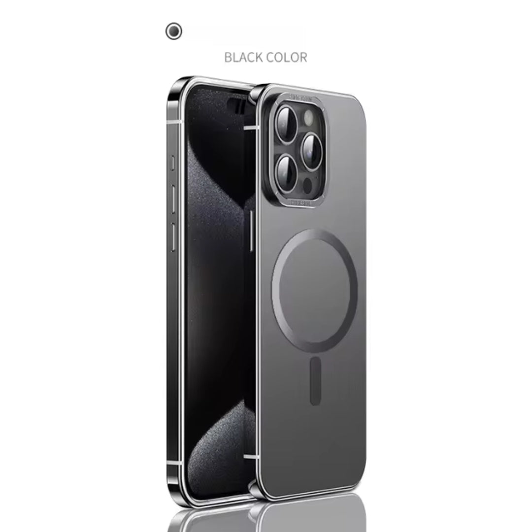 Black MagSafe iPhone cover with metal edge and circular magnetic ring design, iphone 15 pro max cover showcasing slim profile and sleek matte finish