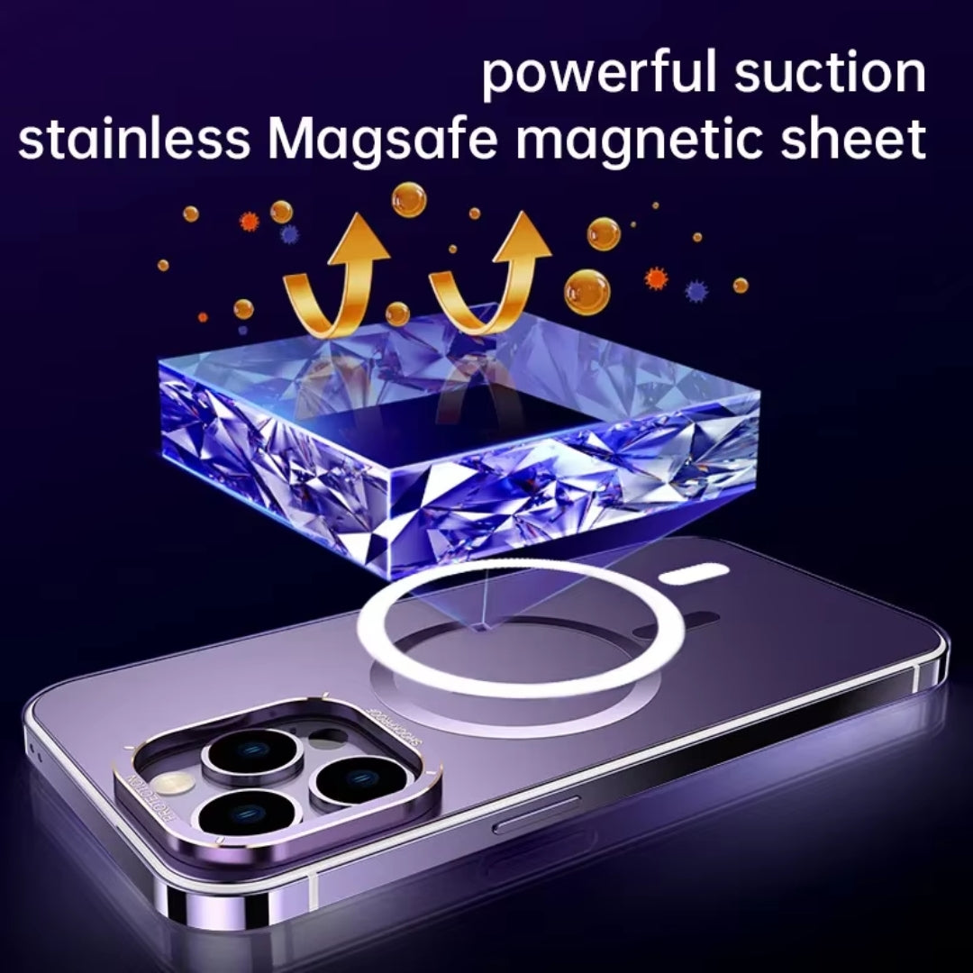 Close up of purple iPhone cover highlighting powerful magnetic suction with stainless steel MagSafe insert for iphone 15 pro max cover