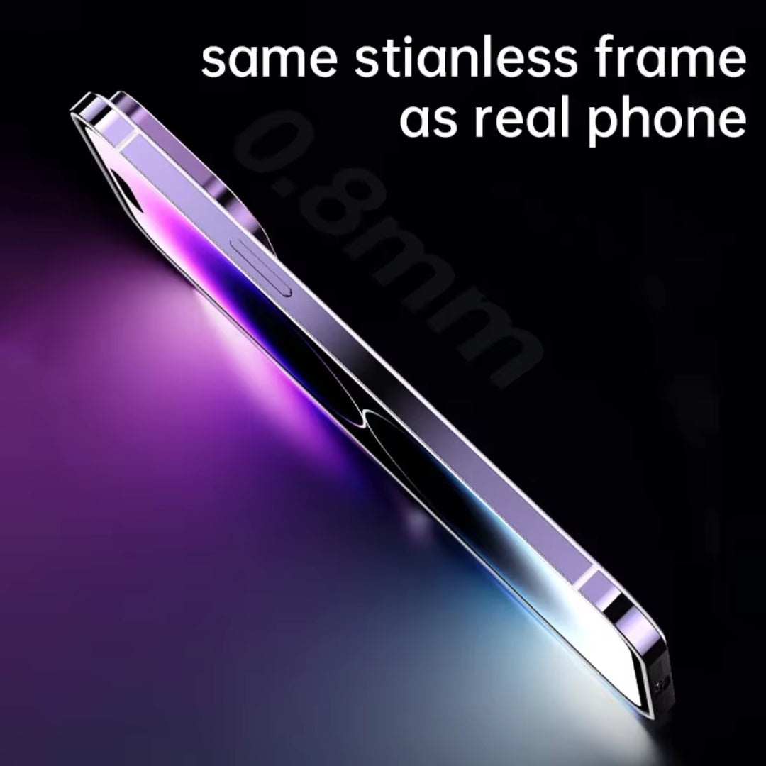 Side profile of a slim, stainless steel iPhone case glowing under light, showing 0.8mm thin design for iphone 15 pro max cover