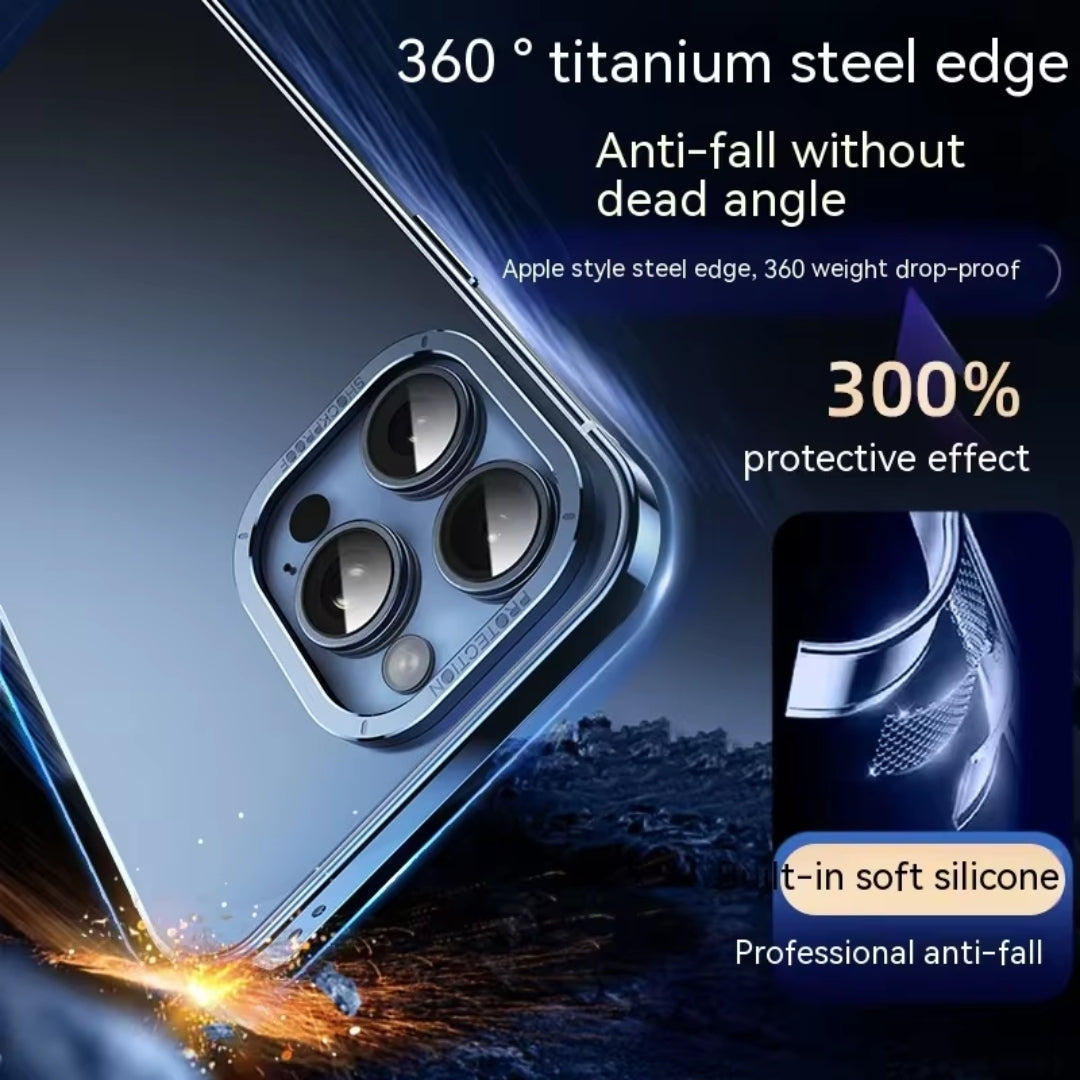 Blue iPhone cover featuring titanium steel edge with anti fall design and 300% enhanced drop protection for iphone 15 pro max cover