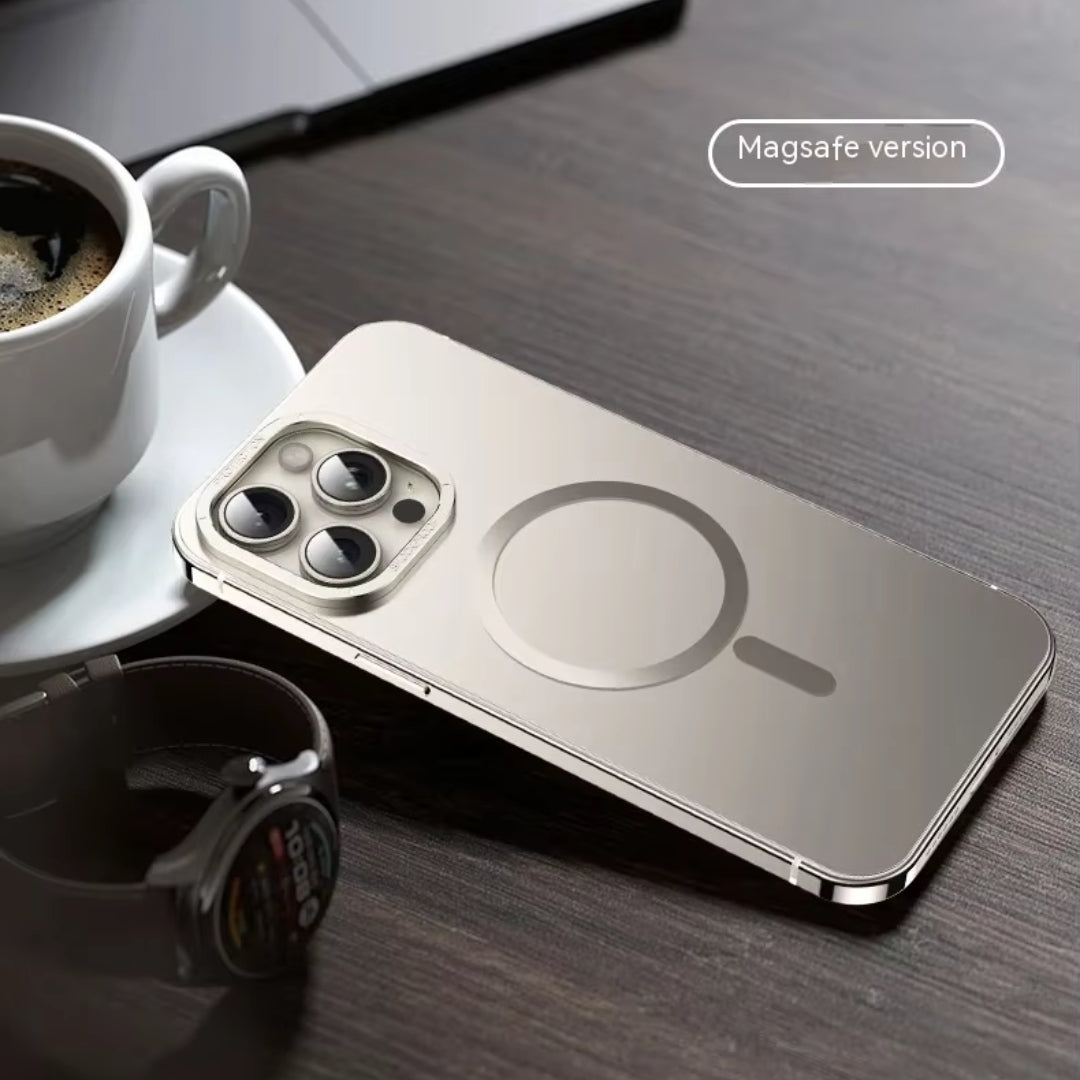 Premium silver MagSafe iPhone case placed stylishly on a wooden table with accessories around for iphone 15 pro max cover