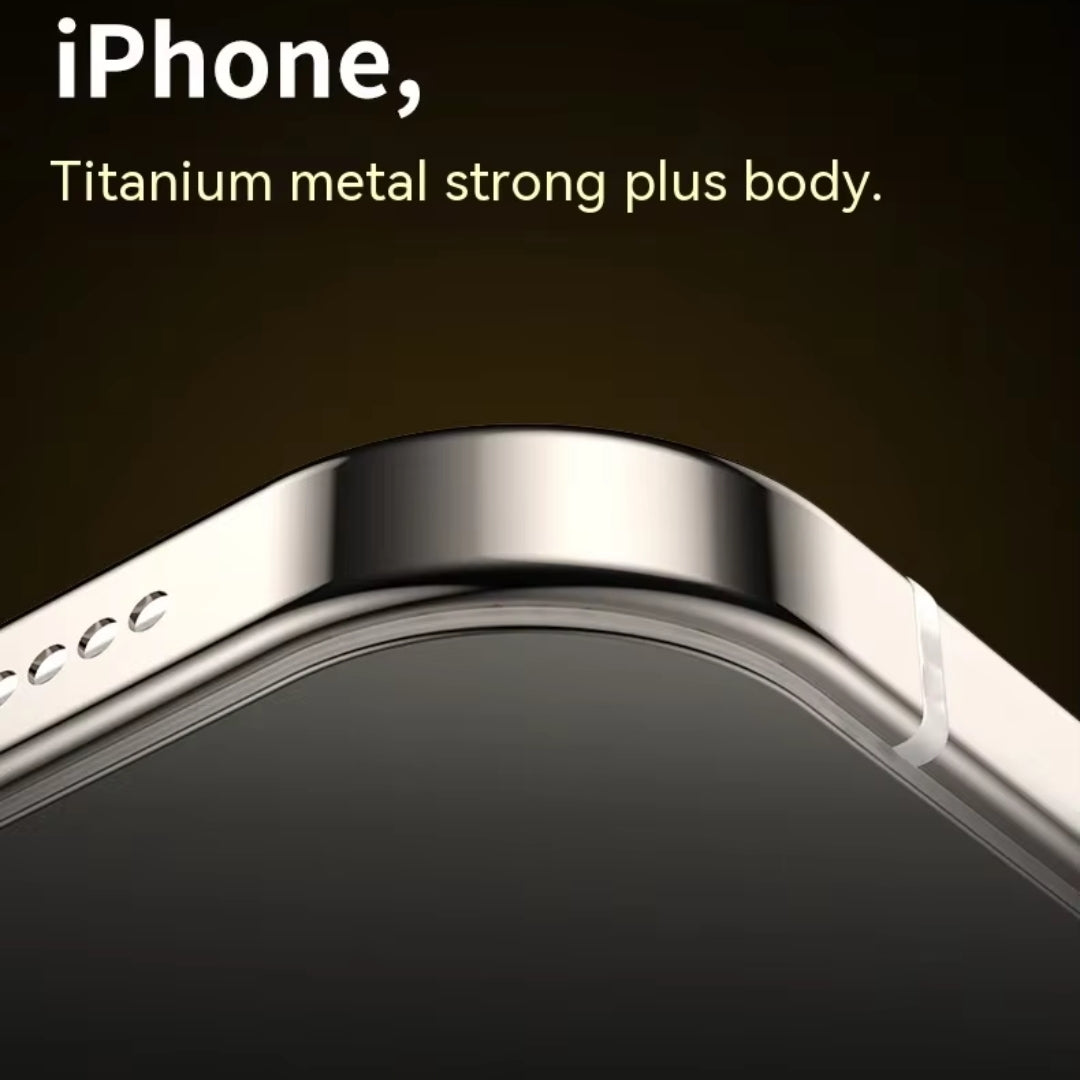 Zoomed in shot of titanium metal body of iphone 15 pro max cover, emphasizing strong polished frame