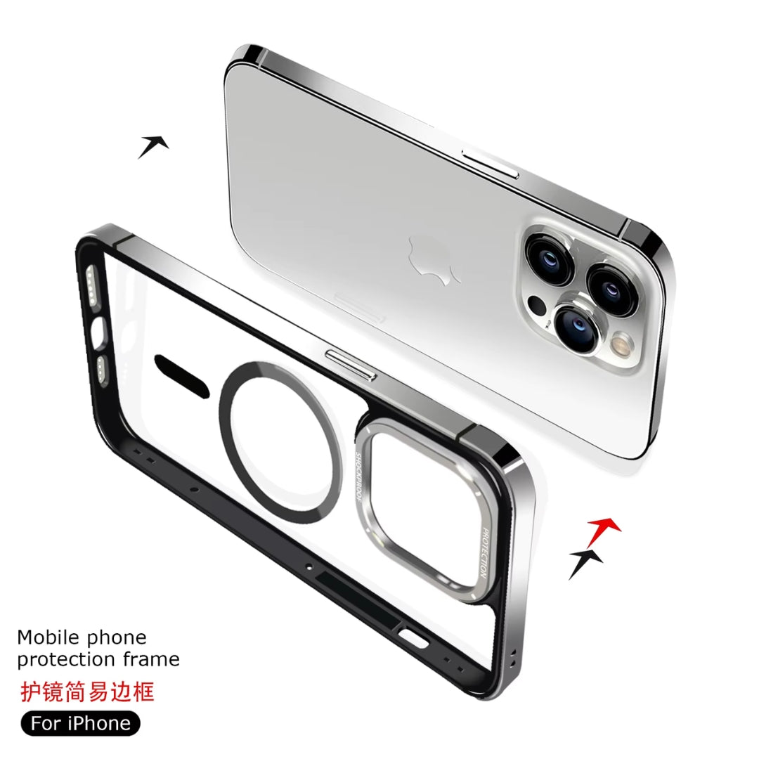Clear magnetic mobile cover for iphone 15 pro max cover being assembled, showing its metal frame and camera cutout.