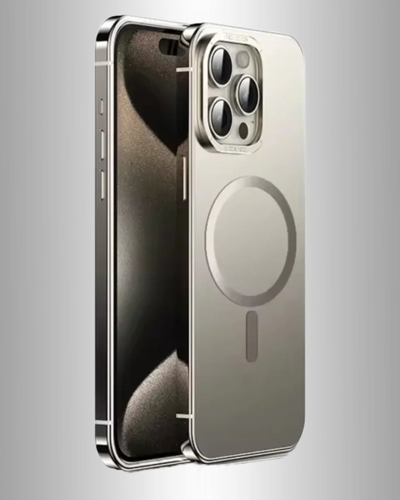 Black MagSafe iPhone cover with metal edge and circular magnetic ring design, iphone 15 pro max cover showcasing slim profile and sleek matte finish.