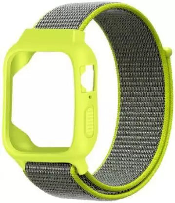 Front view of a vibrant neon colored case featuring a stylish grey strap for apple watch straps