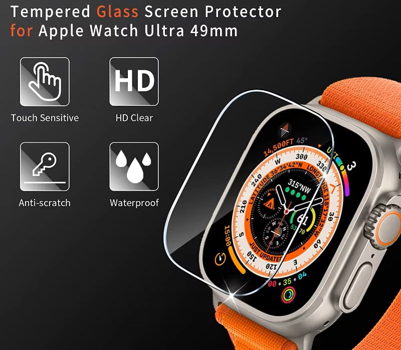 Tempered glass screen protector for Apple Watch, featuring an oleophobic coating that is waterproof and anti fingerprint.