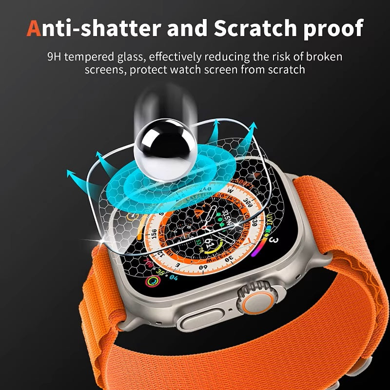 Apple Watch tempered glass, demonstrating its elegant design and anti shatter 9H glass while ensuring scratch protection.