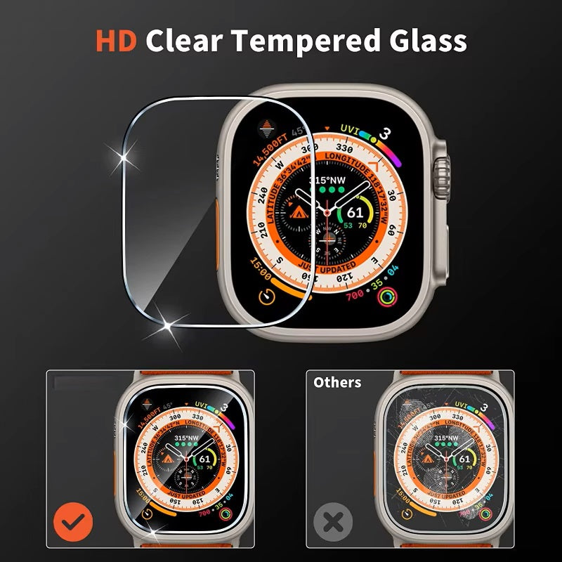 Apple Watch tempered glass displayed, featuring HD Clear Tempered Glass insuring to reduce scratches
