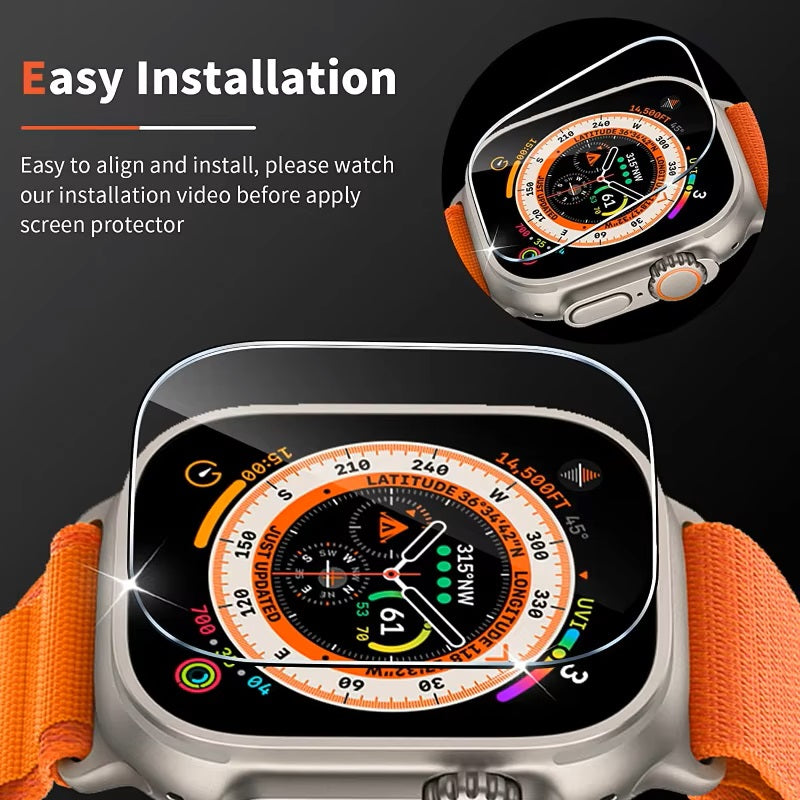 Apple Watch with a transparent tempered glass, emphasizing its stylish appearance and easy to install feature