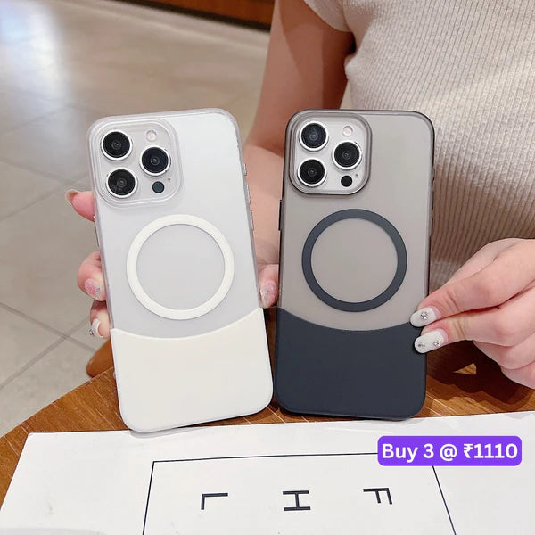 Black and grey iphone 15 pro max cover, transparent, MagSafe compatible, featuring dual layer protection and scratch resistance