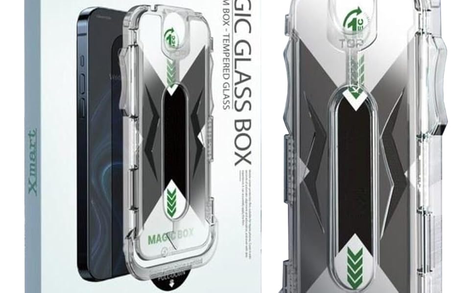 Iphone 15 pro max displayed in its packaging, alongside a tempered glass applier for easy installation.