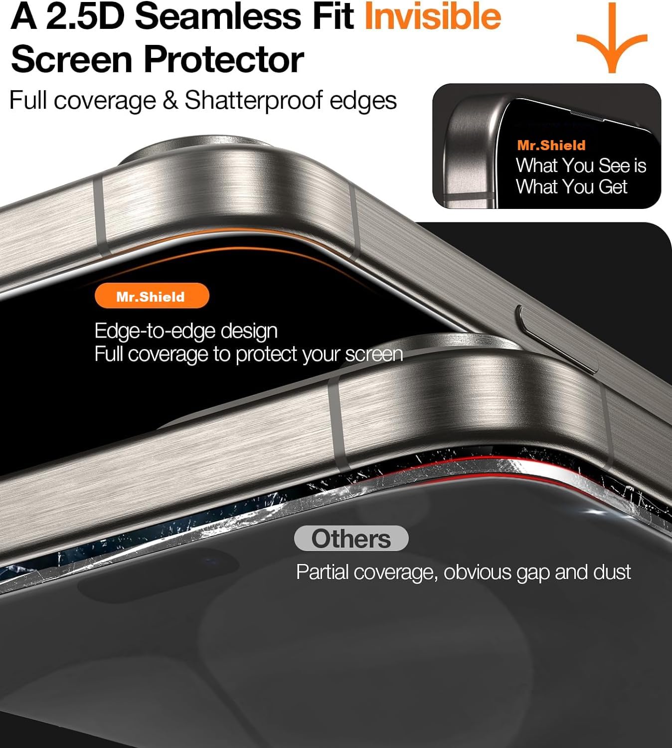 iPhone 15 Pro max featuring the text
2.5D seamless fit invisible screen protector, showcasing its durable tempered glass design.