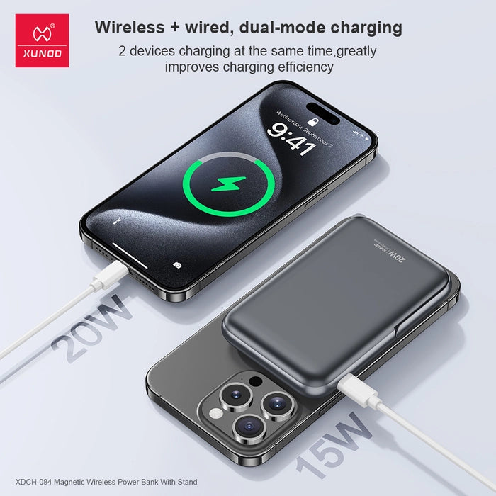 XUNDO XDCH 084 power bank has a capacity of 10,000mAh and features a compact design, providing 15W wireless and 20W wired charging options
