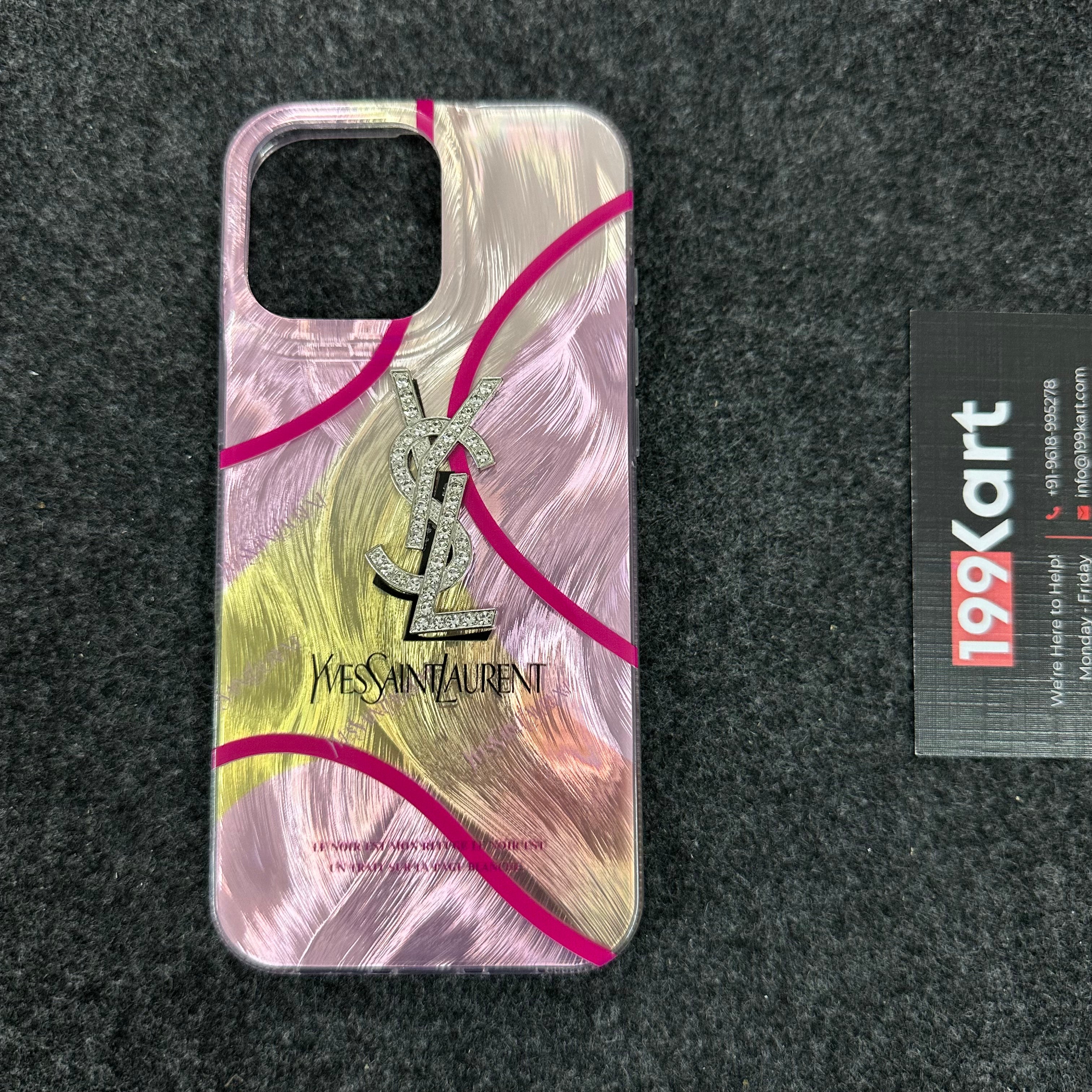 High-end YSL electroplated apple cover, iphone 15 cover featuring shockproof edges and precisely cut openings for a hassle free user experience.